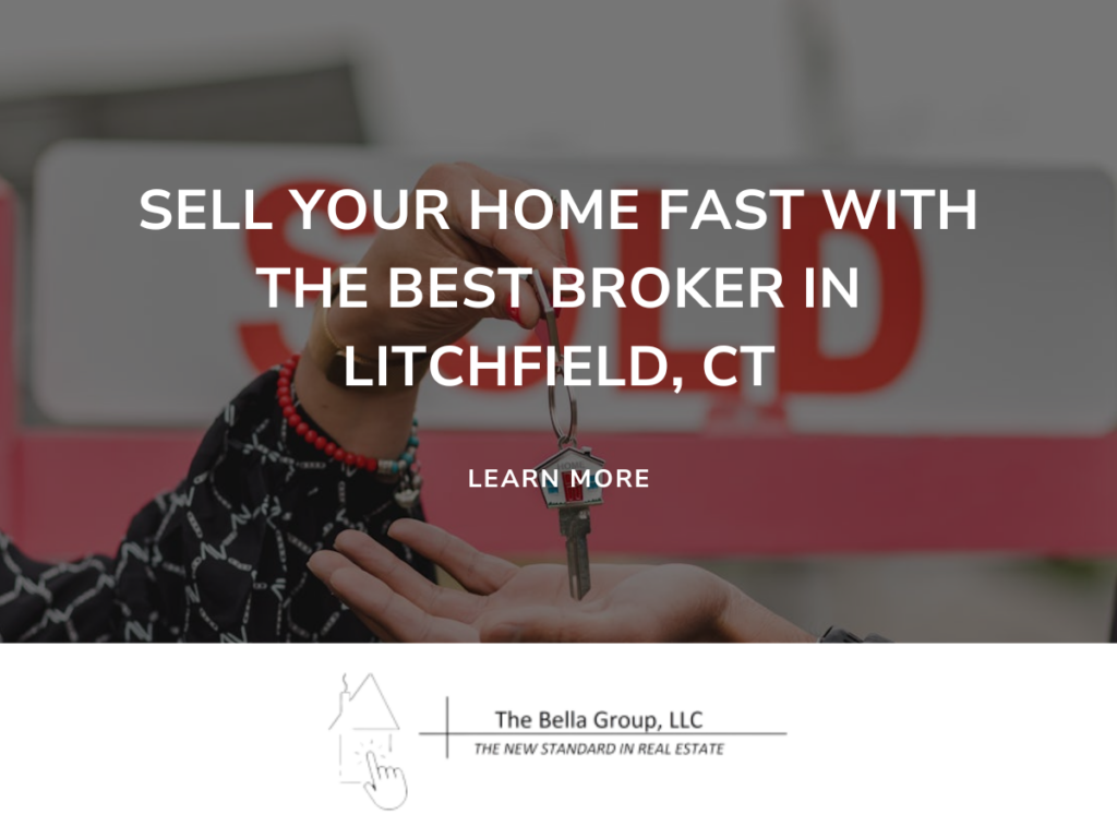 A person handing over house keys in front of a 'SOLD' sign, promoting The Bella Group LLC as the best broker in Litchfield, CT